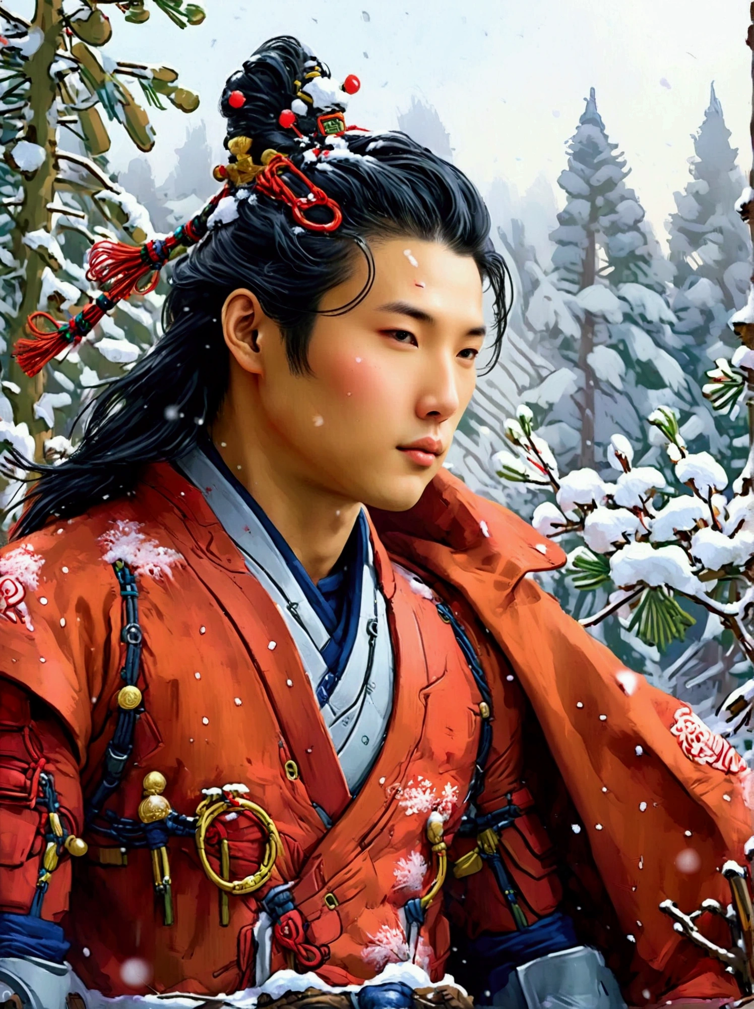 masterpiece，Highest quality，Exquisite details，Chinese style，Peerless Beauty，Delicate，heavy snow，(Leading a Han-blooded horse:1.9)，wilderness，Red cape，Hanfu，Winter，Northern scenery，Snowflakes，His eyebrows are gaunt and his hair and beard are without a trace，Light and Shadow，Drama Perspective，Slash composition，(Panoramic photos taken with a wide-angle lens:1.9)，Film Grain