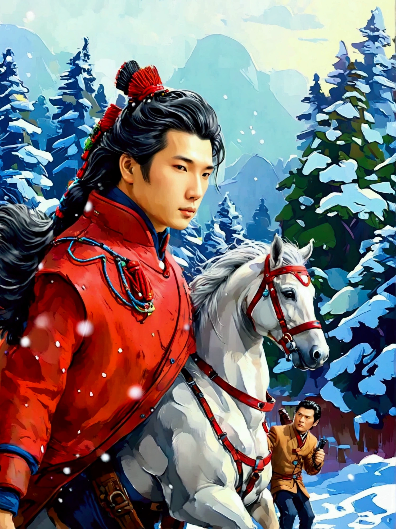 masterpiece，Highest quality，Exquisite details，Chinese style，Peerless Beauty，Delicate，heavy snow，(Leading a Han-blooded horse:1.9)，wilderness，Red cape，Hanfu，Winter，Northern scenery，Snowflakes，His eyebrows are gaunt and his hair and beard are without a trace，Light and Shadow，Drama Perspective，Slash composition，(Panoramic photos taken with a wide-angle lens:1.9)，Film Grain