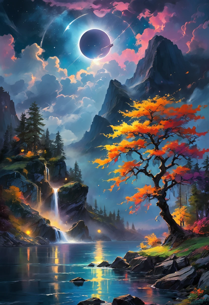 Under the eerie glow of a eclipse, a dark and ominous landscape unfolds. A vibrant, colorful tree stands by the edge of a serene lake, its vivid hues contrasting starkly with the foreboding atmosphere. In the background, a waterfall cascades down jagged rocks, the water glistening in the eclipse. Thick, swirling clouds loom overhead, adding to the sense of an evil presence. The eclipse filters through the clouds, casting an otherworldly glow over the scene. A falling star streaks across the sky, adding a touch of mysticism to the night. The air is thick with a sense of ancient secrets and dark magic, as if the very night is alive with hidden power. [romantic impressionism,dream scenery art,beautiful oil matte painting,romantic,style of thomas kinkade,beautiful digital painting,anime landscape,romantic painting,dreamlike digital painting,colorful painting,beautiful gorgeous digital art,style of greg rutkowski,janek sedlar,jenny saville:0]