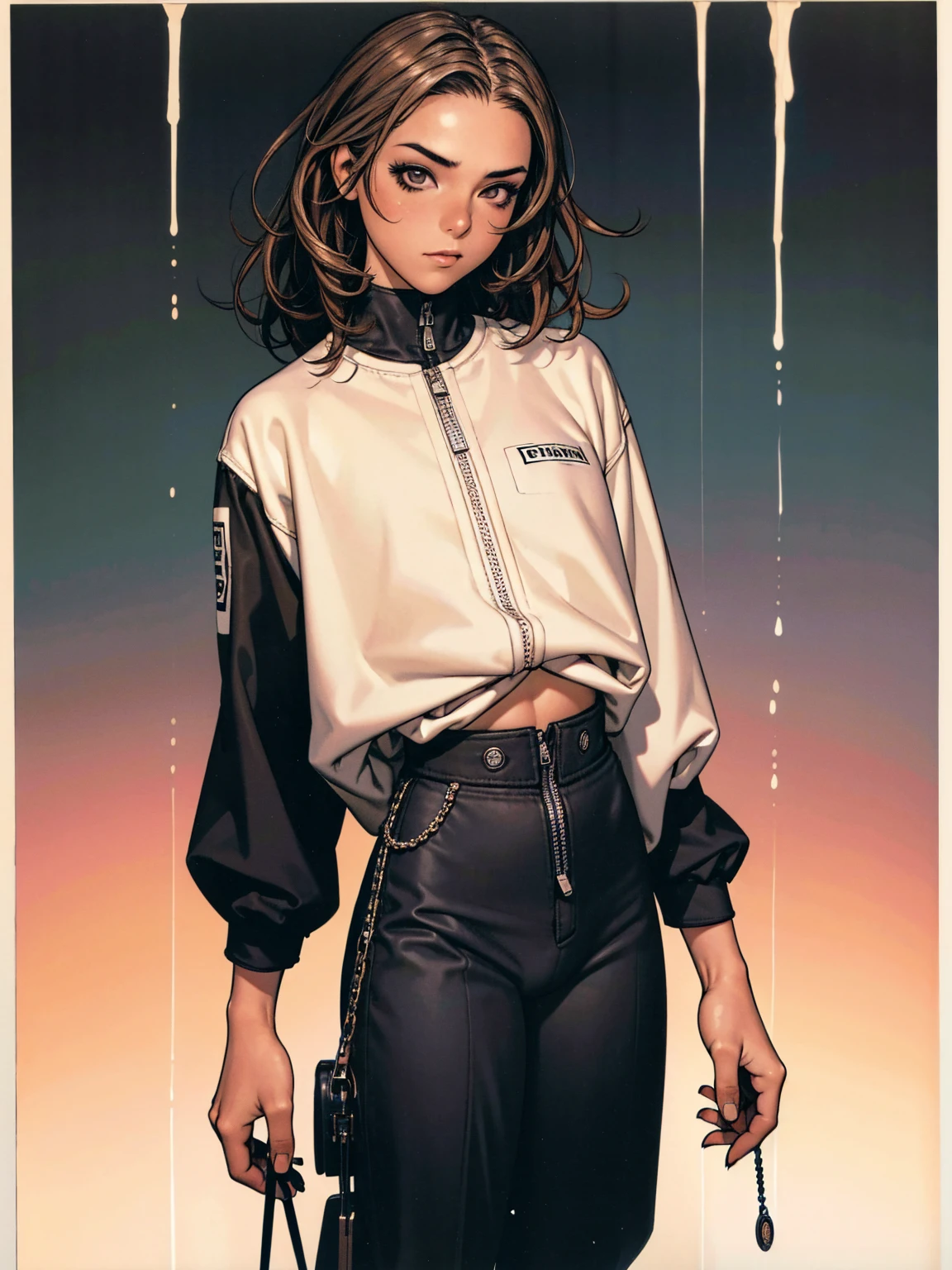 (meilleure qualité))), (((coups de manga))), (((Cheveux légèrement bouclés))), (((pantalon ample à pois noirs))), (((textures et peinture noire coulant sur les vêtements))), (((Rusc GFX_sombre))), uma Fille jovem muito bem vestida com roupas modernas de inverno, pantalon avec des éclaboussures de peinture, top cadeau rayures verticales, short jacket with sombre fur collar, visage beau et expressif, sourire léger, grands yeux avec de longs cils noirs, maquillage épais, chaînes et fermetures éclair réparties sur les vêtements, couleurs contrastées, pose, cheveux avec une coupe moderne et futuriste, art d’affiche de jeu urbain, angles de caméra spectaculaires, éléments d&#39;art graffiti en arrière-plan, design mêlant contemporain et rétro par Shepard Fairey, (((tir de cow-boy))), (((meilleure qualité: 1.4))), (Chef-d&#39;œuvre imbattable), (plus hiper HD),(CG 8k hyper réaliste), Fille, (((debout seul))), gosse violent, ((())), sexuellement, pose, oeuvre d&#39;art, post-apocalypse, (((Style manga))), chasseur de primes, violent, maniaque, la façon que tu veux, corps mince, mince mais fort, corps parfait, vêtements modernes, technologie avancée, néon, manches avec motif à rayures verticales, fond neutre, (( tir de cow-boy )). visuel complexe