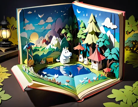 (masterpiece:1.2, Highest quality,Highest quality,Super detailed),(Very detailed),8k(Moomin Valley Pop-up Book:1.5),(Cinema Lighting),(Written boundary depth),(Sophisticated lighting:1.2),(Chiaroscuro),(Origami art)
