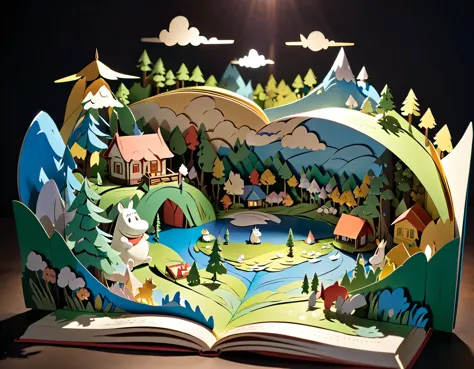 (masterpiece:1.2, Highest quality,Highest quality,Super detailed),(Very detailed),8k(Moomin Valley Pop-up Book:1.5),(Cinema Lighting),(Written boundary depth),(Sophisticated lighting:1.2),(Chiaroscuro),(Origami art)
