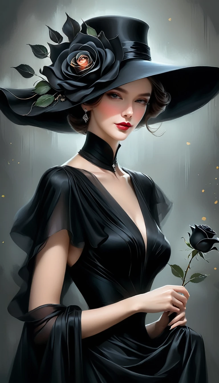 arafed woman in a black dress and hat with a black rose, elegant lady, digital art of an elegant, elegant digital painting, elegant woman, elegant girl, wearing black dress and hat, mysterious glamour, exquisite black accessories, stunning elegant pose, wearing black old dress and hat, an elegant woman in black dress, high fashion classy, elegant and graceful