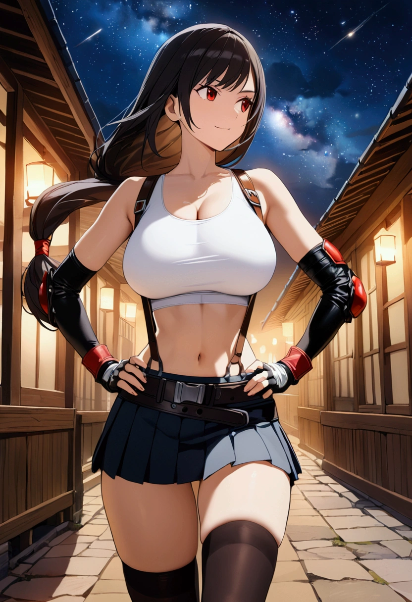 score_9,score_8_up,score_7_up,BREAK source_anime, masterpiece, best quality, (recent), perfect anatomy, very aesthetic,anime style,highres,photorealistic,　mediumshot,Solo,1girl, tifa lockhart, final fantasy,black hair, low-tied long hair, red eyes, bangs, (white tank top,gap),(High exposure)，the ribs,,(belt, pleated skirt, thighhighs, elbow fingerless gloves, elbow pads, midriff, navel,suspenders.skirt),beautiful waist ,(large_breast:1.3),light smile,,,outdoor,star sky,night, hands on own hip,skin tight, looking away, depth of field、　