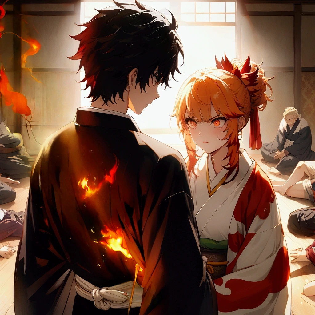 A beautifully detailed anime-style illustration of a katana with a fire burning over the blade, masterfully crafted in the style of Kimetsu no Yaiba, high resolution, photorealistic, intricate details, vivid colors, dramatic lighting