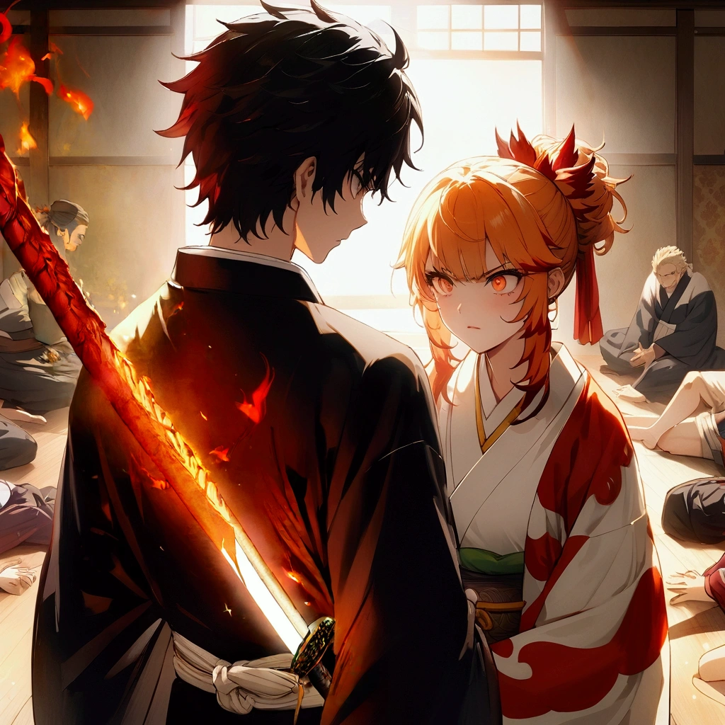 A beautifully detailed anime-style illustration of a katana with a fire burning over the blade, masterfully crafted in the style of Kimetsu no Yaiba, high resolution, photorealistic, intricate details, vivid colors, dramatic lighting