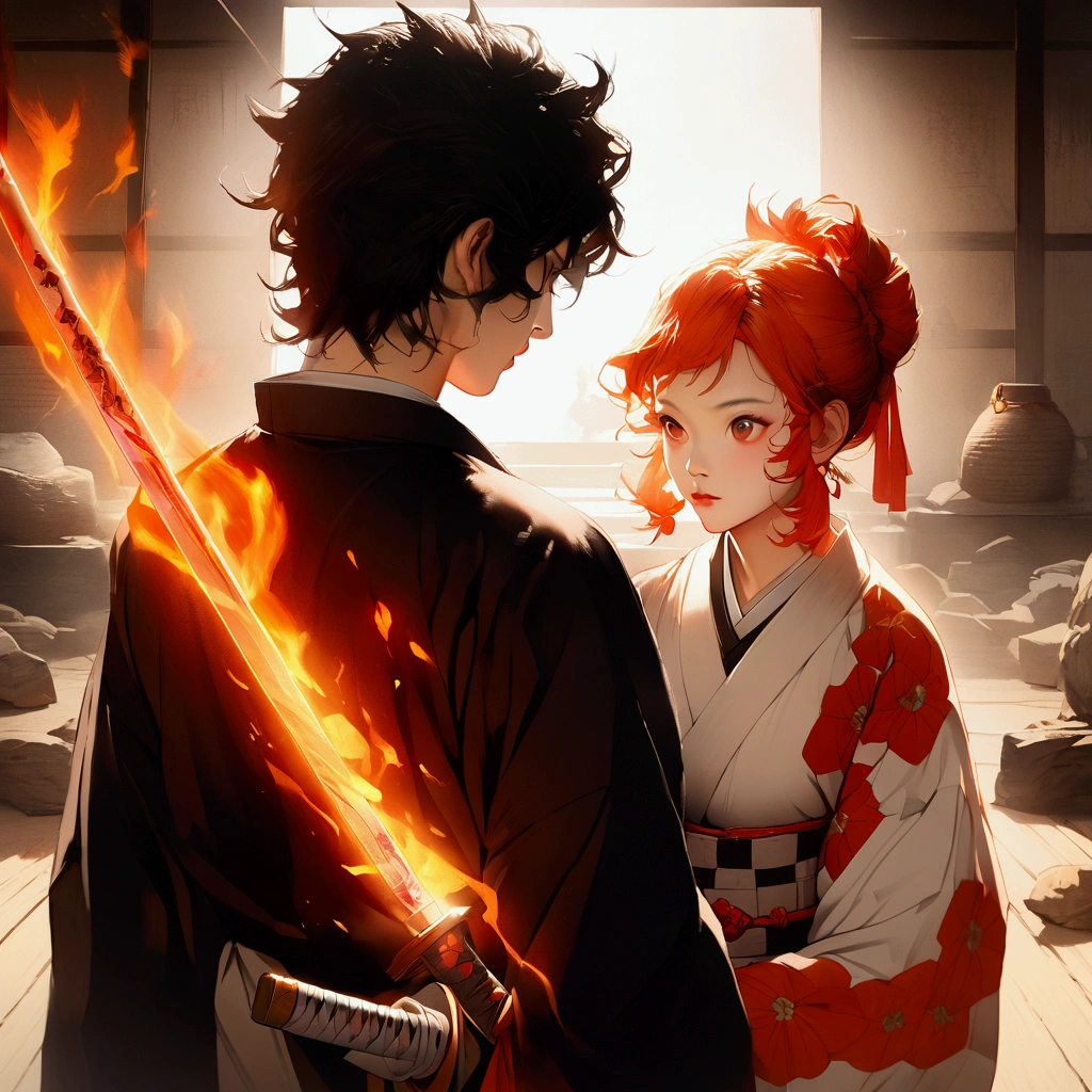 A beautifully detailed anime-style illustration of a katana with a fire burning over the blade, masterfully crafted in the style of Kimetsu no Yaiba, high resolution, photorealistic, intricate details, vivid colors, dramatic lighting