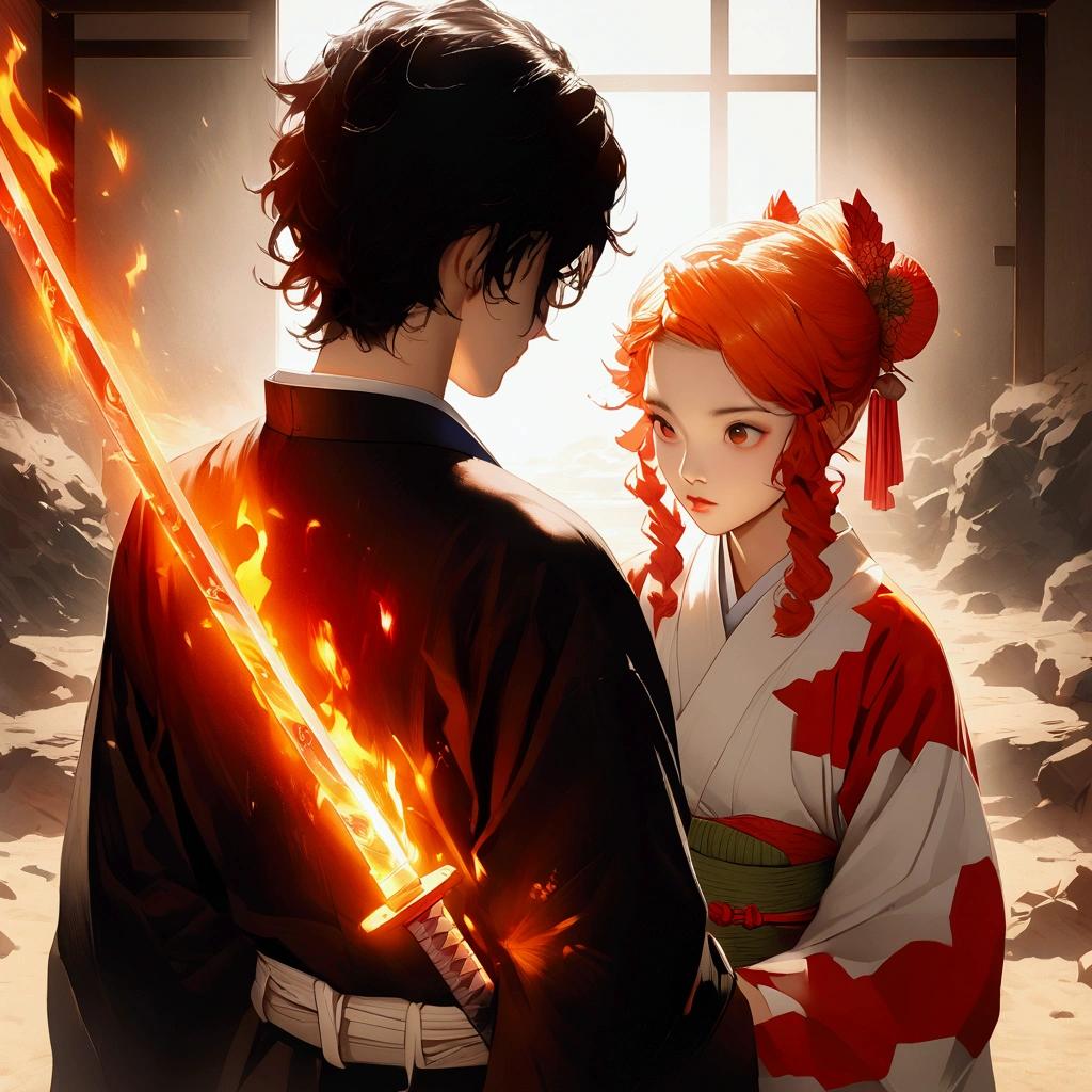 A beautifully detailed anime-style illustration of a katana with a fire burning over the blade, masterfully crafted in the style of Kimetsu no Yaiba, high resolution, photorealistic, intricate details, vivid colors, dramatic lighting