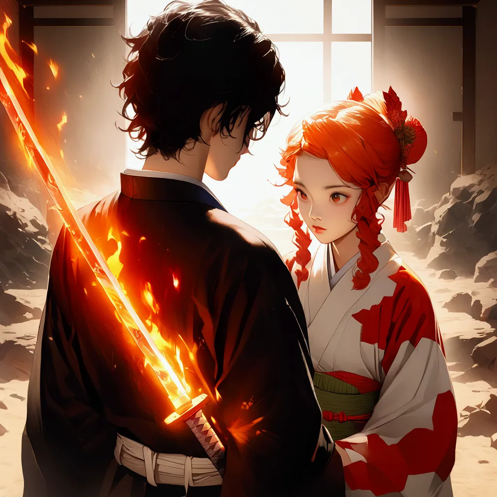 A beautifully detailed anime-style illustration of a katana with a fire burning over the blade, masterfully crafted in the style...