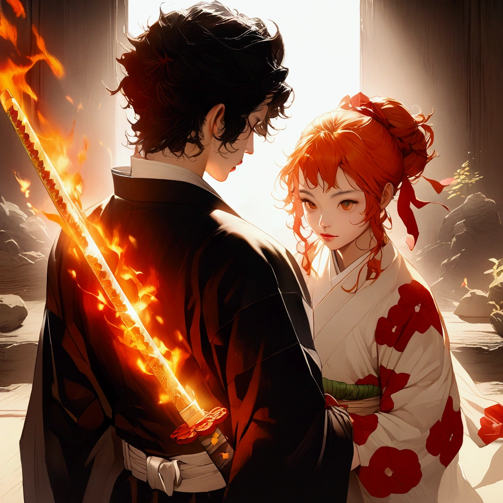 A beautifully detailed anime-style illustration of a katana with a fire burning over the blade, masterfully crafted in the style of Kimetsu no Yaiba, high resolution, photorealistic, intricate details, vivid colors, dramatic lighting