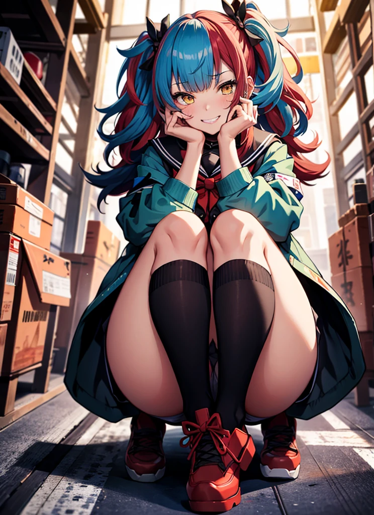 Seishonagon, One Girl, alone, Yellow Eyes, Twin tails, alone, Blue Hair, multicoloRedhead, Black Hair, Redhead, Jacket, collar, Seraphim, sailor collar, bow tie, Red Bow, heart, Black socks, Knee socks, Red footwear, Nail Polish Break,Upper Body,Bright classroom,(Squat,Spread your legs),Spread your legs,Wicked Smile,Panty shot,Headrest,Focus on the crotch