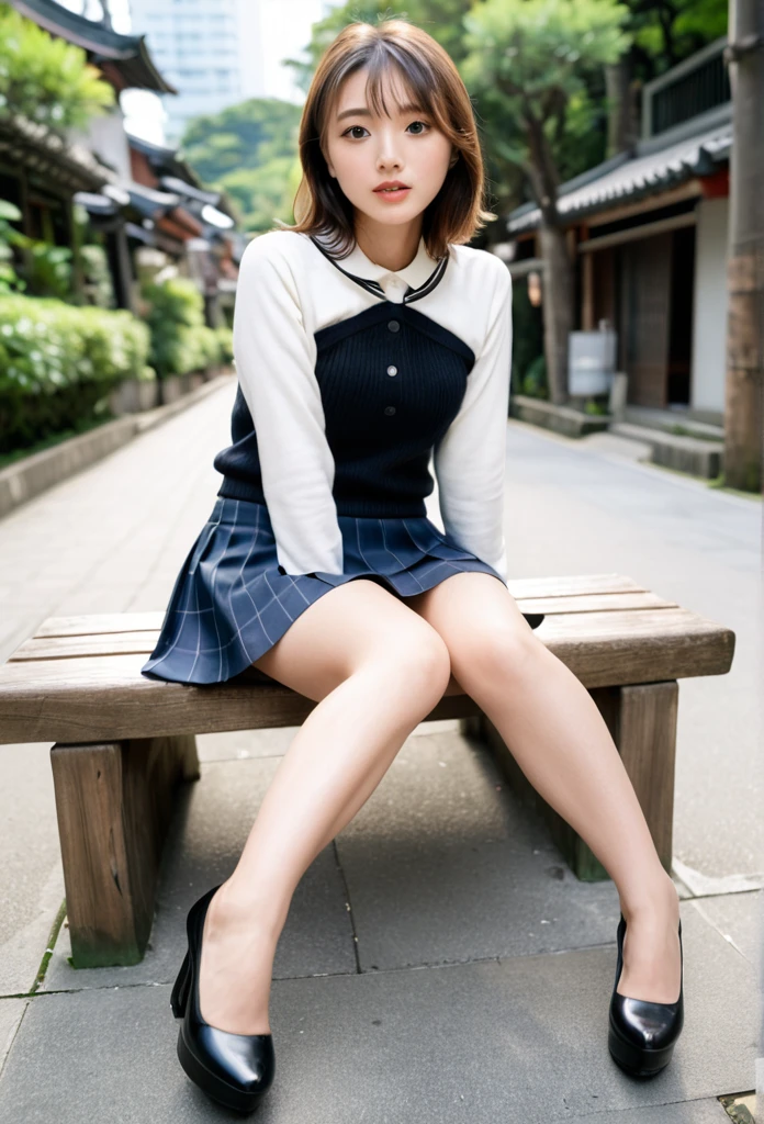 foot、Photographed from the front、mini skirt、No underwear、Sit on a bench with your legs spread apart、Showing the inside of the skirt、Take secret photos、Low angle shooting