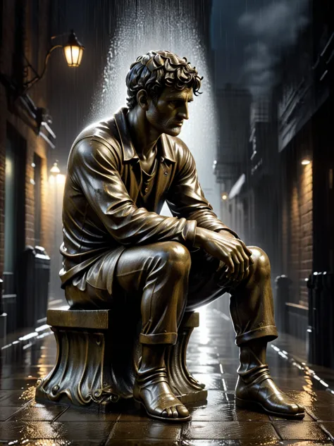 a thoughtful man, bronze sculpture, 1 man sitting in deep thought, rainy day, gloomy background, dramatic lighting, moody atmosp...