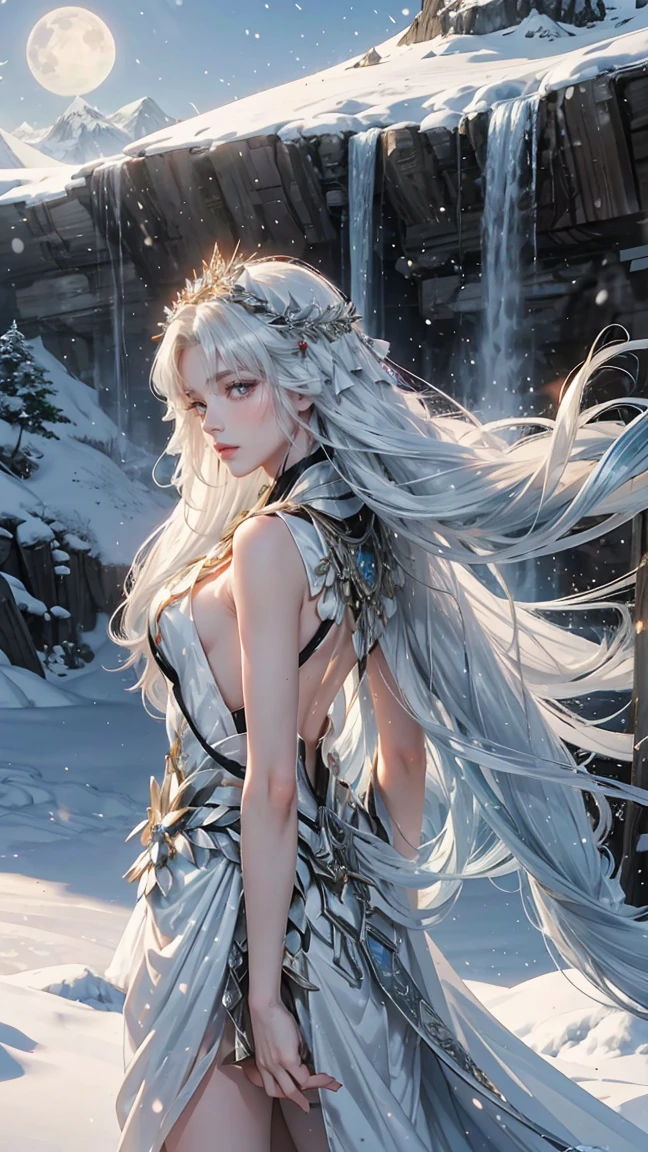 This picture is realistic anime style. It shows a woman who is 18 years old. She has long white hair that reaches the middle of her back. and striking red eyes She wore a warrior outfit designed to protect against the cold. It consists of silver armor and a white fur cloak. All around her was the scene of the North Pole. There are tall icebergs and areas covered with snow. The sky is faintly blue. The sun shone down and made the snow sparkle.