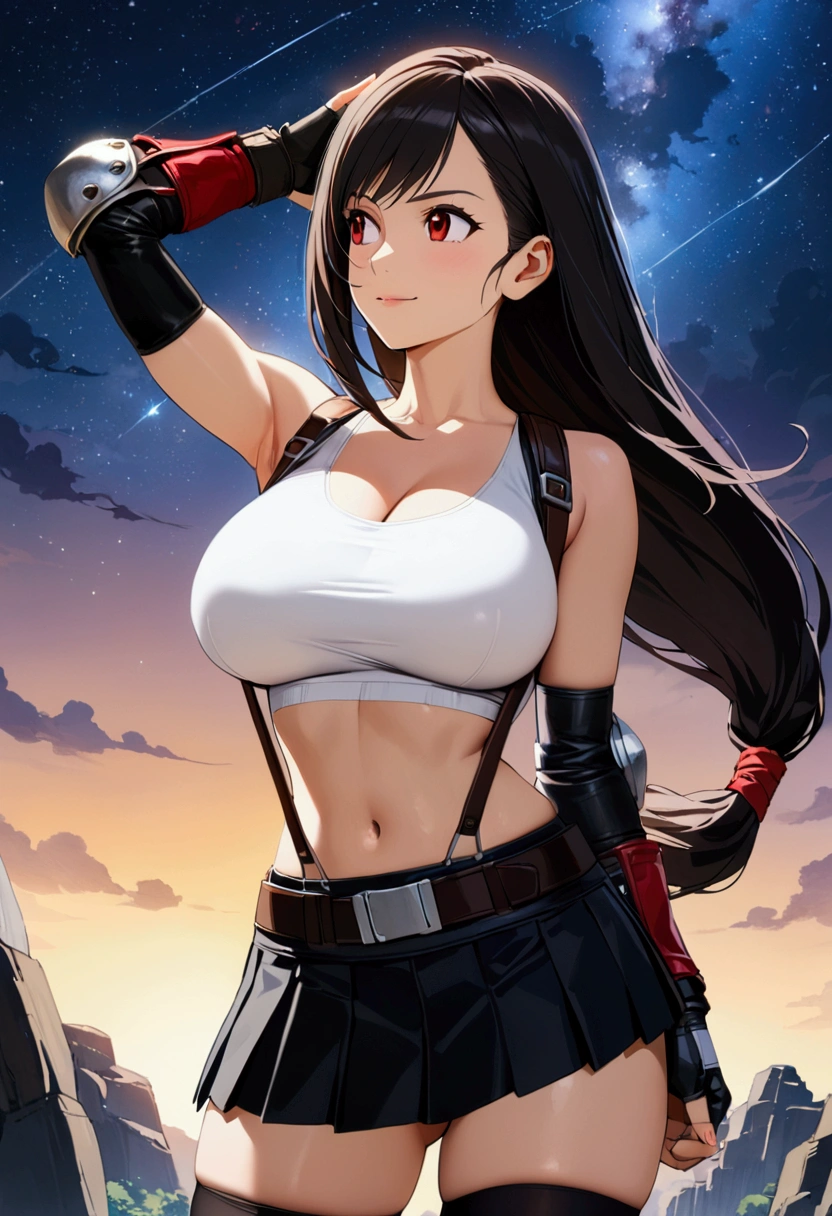 score_9,score_8_up,score_7_up,BREAK source_anime, masterpiece, best quality, (recent), perfect anatomy, very aesthetic,anime style,highres,photorealistic,　mediumshot,Solo,1girl, tifa lockhart, final fantasy,black hair, low-tied long hair, red eyes, bangs, (white tank top,gap),(High exposure)，the ribs,,(belt, pleated skirt, thighhighs, elbow fingerless gloves, elbow pads, midriff, navel,suspenders.skirt),beautiful waist ,(large_breast:1.3),fist,arm up,light smile,,,outdoor,star sky,night, skin tight, looking away, depth of field、beautifully lit,great lighting　　