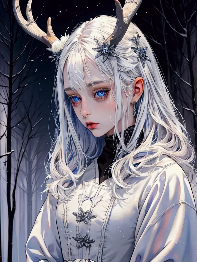 female, small, silver hair, human deer hybrid, blue eyes, pale skin, soft features, doll-like. high res, high quality, masterpie...