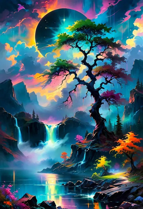 under the eerie glow of a eclipse, a dark and ominous landscape unfolds. a vibrant, colorful tree stands by the edge of a serene...