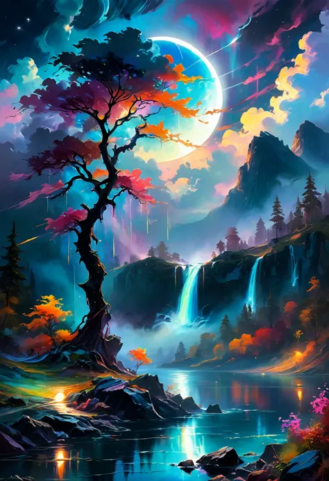 under the eerie glow of a eclipse, a dark and ominous landscape unfolds. a vibrant, colorful tree stands by the edge of a serene...