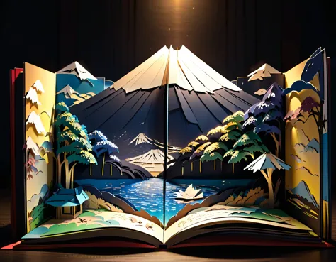 (masterpiece:1.2, Highest quality,Highest quality,Super detailed),(Very detailed),8k(Mount Fuji Pop-up Book:1.5),(Cinema Lighting),(Written boundary depth),(Sophisticated lighting:1.2),(Chiaroscuro),(Origami art)
