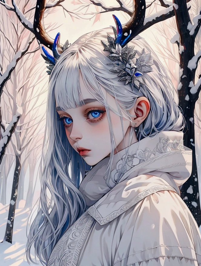 Female, small, Silver hair, human deer hybrid, blue eyes, pale skin, soft features, doll-like. high res, high quality, masterpiece, amazingly done, (colorful), work of art snowy background, DEER HYBRID.
