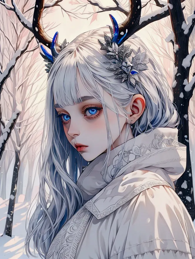 female, small, silver hair, human deer hybrid, blue eyes, pale skin, soft features, doll-like. high res, high quality, masterpie...