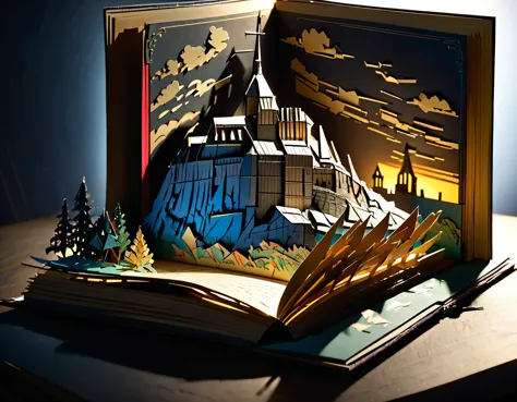 (masterpiece:1.2, Highest quality,Highest quality,Super detailed),(Very detailed),8k,(Mont Saint-Michel Pop-Up Book:1.5),(Cinema Lighting),(Written boundary depth),(Sophisticated lighting:1.2),(Chiaroscuro),(Origami art)
