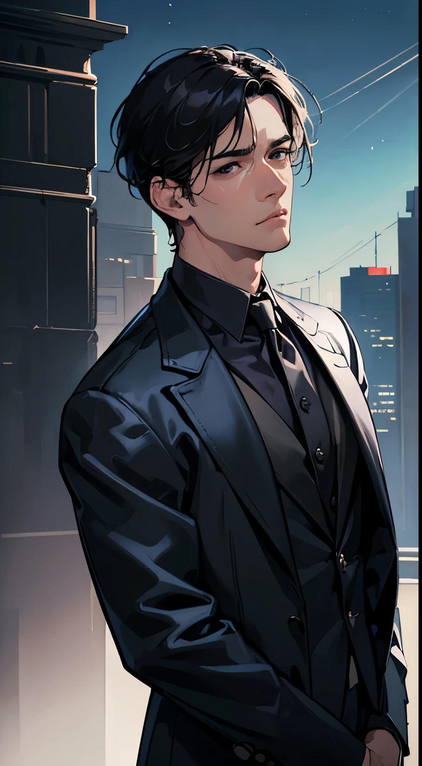 (best quality, masterpiece, 8K, photorealistic, cinematic lighting, 1:4 hdr image, ultra detailed, beautiful image), a mature man, very handsome, ((cold expression)), short black hair, black eyes, face perfect without mistakes, ((buttoning his jacket, CEO))