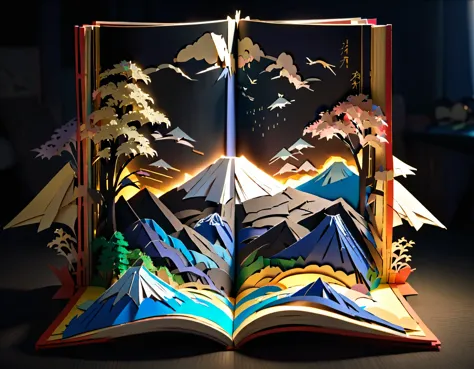 (masterpiece:1.2, Highest quality,Highest quality,Super detailed),(Very detailed),8k,(Mount Fuji Pop-up Book:1.5),(Cinema Lighting),(Written boundary depth),(Sophisticated lighting:1.2),(Chiaroscuro),(Origami art)
