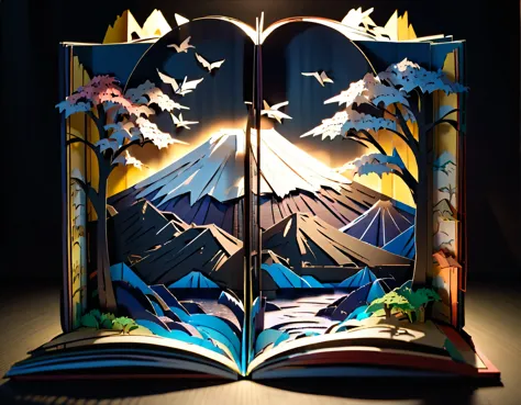 (masterpiece:1.2, Highest quality,Highest quality,Super detailed),(Very detailed),8k,(Mount Fuji Pop-up Book:1.5),(Cinema Lighting),(Written boundary depth),(Sophisticated lighting:1.2),(Chiaroscuro),(Origami art)
