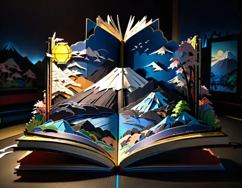 (masterpiece:1.2, Highest quality,Highest quality,Super detailed),(Very detailed),8k,(Mount Fuji Pop-up Book:1.5),(Cinema Lighting),(Written boundary depth),(Sophisticated lighting:1.2),(Chiaroscuro),(Origami art)

