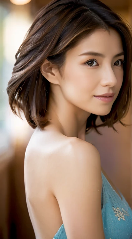 Highest quality, Realistic, Perfect Human Anatomy, Very detailed, Very delicate and beautiful, RAW Photos, Professional Lighting, illumination, Written boundary depth, Single Focus, whole body, Skinny Japanese woman, 45-year-old woman, Brown Hair, Small Head, Beautiful Eyes, True Face, Realistic skin, fine grain, (Fashionable hairstyles: 1.3),Bust Emphasis、Sexy blue dress、Lakeside
