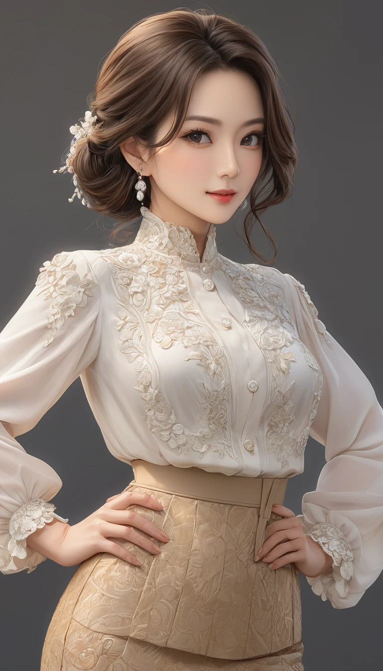 (one hand on hip:1.3) , master piece , best quality , highly detailed , woman , blouse , (matured female)