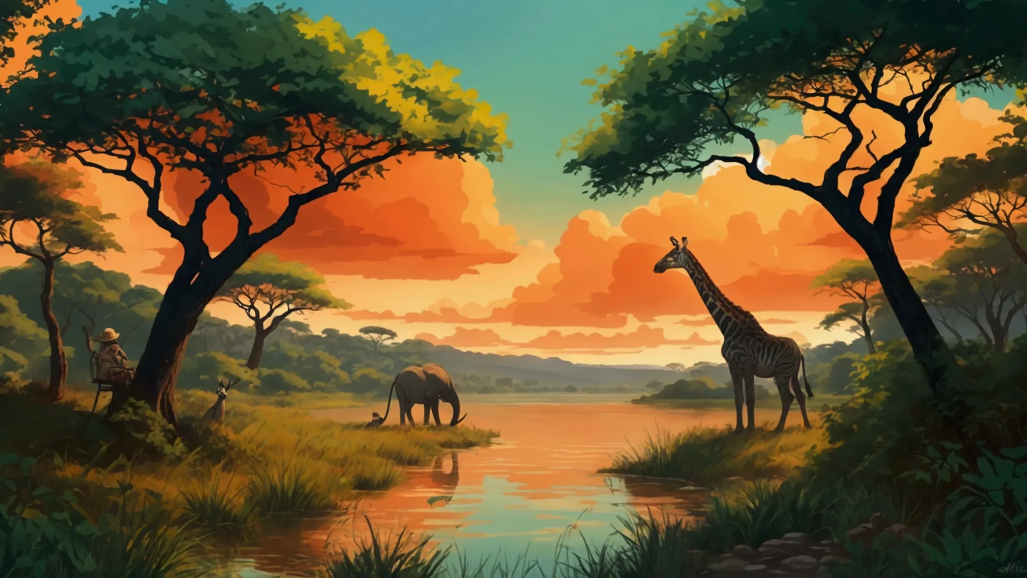 safari filled with trees lakes and animals, vibrant colors