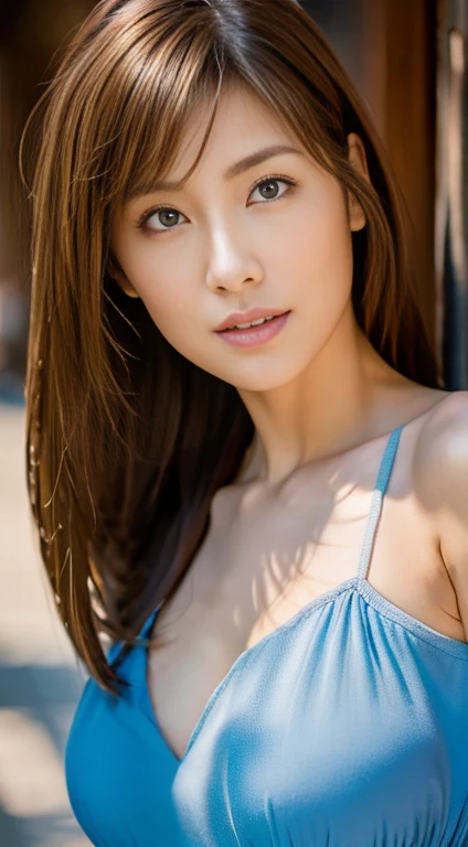 Highest quality, Realistic, Perfect Human Anatomy, Very detailed, Very delicate and beautiful, RAW Photos, Professional Lighting, illumination, Written boundary depth, Single Focus, whole body, Skinny Japanese woman, 45-year-old woman, Brown Hair, Small Head, Beautiful Eyes, True Face, Realistic skin, fine grain, (Fashionable hairstyles: 1.3),Bust Emphasis、Sexy blue dress、Lakeside
