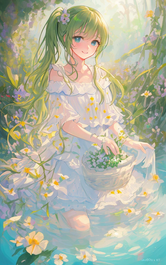 ((masterpiece)), (((best quality))), ((ultra-detailed)), ((illustration)), (detailed light:1.21), realism light effect,
1girl, solo,Flax hair,side ponytail,(beautiful_detailed_hair),green eyes, (beautiful_detailed_eyes),
upper body,navel, flower, wet, medium breasts,
water, blush, smile, collarbone,
bathing, looking at viewer,partially submerged,