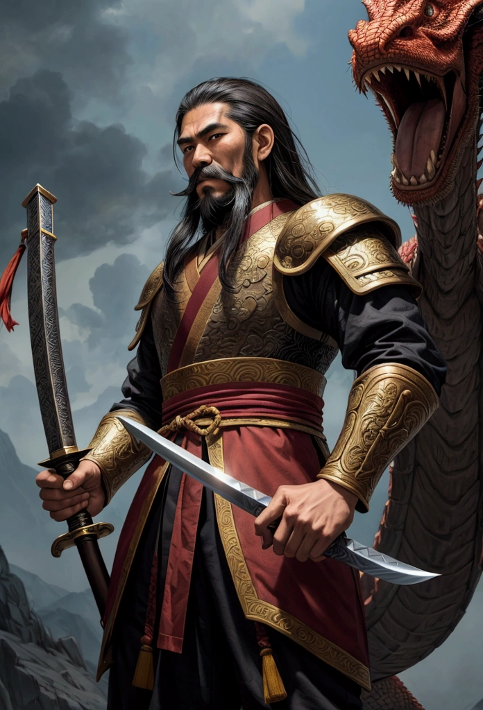 Close-up of Quan Van Truong of the Three Kingdoms period with long beard and mustache, holding a dragon sword, standing among enemies, head held high