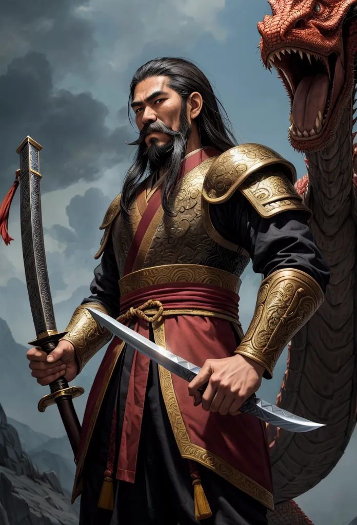 close-up of quan van truong of the three kingdoms period with long beard and mustache, holding a dragon sword, standing among en...