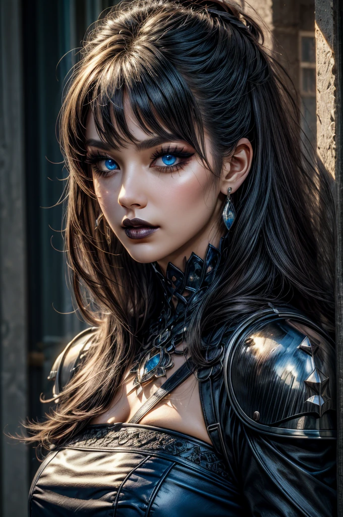 ((masterpiece, best quality, highres, realistic, best quality,)) Perfect Face, (detailed face), score_9, score_8_up, score_7_up, score_6_up, score_5_up, score_4_up, 1girl, gothicstyle,  very long hair, gothic body armor, no bra, exposed breasts, goth accessories, goth makeup, beautiful eyes, bright colors, high contrast, vivid lighting, rating_safe, BREAK, sapphire blue eyes,