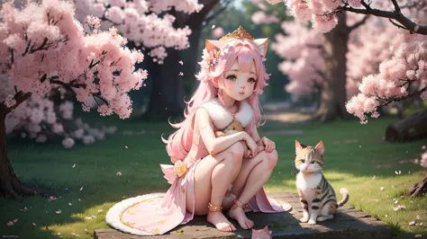 a small kitten with light pink fur and a furry tail wearing a tiara of golden flowers amidst cherry blossoms