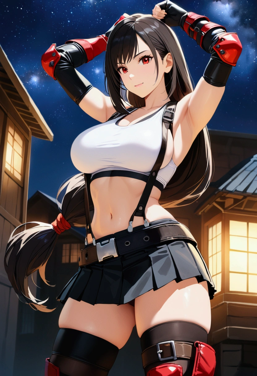 score_9,score_8_up,score_7_up,BREAK source_anime, masterpiece, best quality, (recent), perfect anatomy, very aesthetic,anime style,highres,photorealistic,　mediumshot,Solo,1girl, tifa lockhart, final fantasy,black hair, low-tied long hair, red eyes, bangs, (white tank top,gap),(High exposure)，the ribs,,(belt, pleated skirt, thighhighs, elbow fingerless gloves, elbow pads, midriff, navel,suspenders.skirt),beautiful waist ,(large_breast:1.3),standing pose,fist,arms up,light smile,,,outdoor,star sky,night, skin tight,  depth of field、beautifully lit,great lighting　　