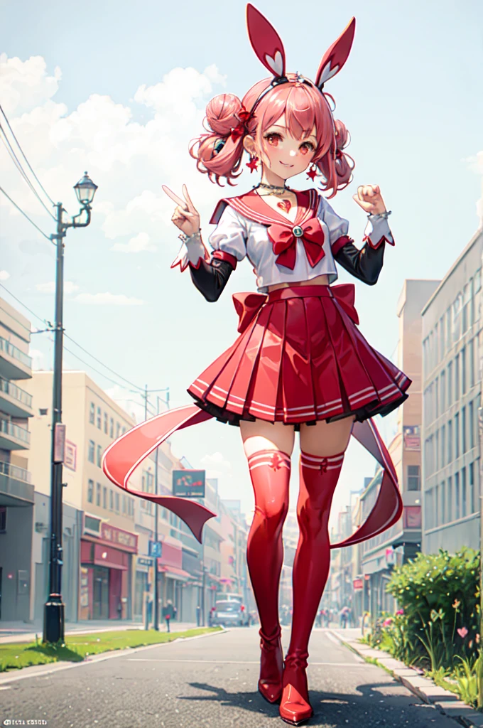 Solitary, outdoor, Smile, posture, hands up, Point to viewer,   1 Girl, Pink Hair, Double tail, cone hair bun, Hammerhead, Red Eyes, earrings, Hair accessories, Headdress, red bow, heart brooch, back bow, bow, brooch, Necklace, elbow gloves, heart Necklace, Magical girl, Colorful clothes, Colorful pleated skirt, Pink sailor collar, Sailor warrior, yellow Necklace, Knee-high boots,   absurd, ultra detailed, masterpiece, best quality, Aesthetic, detailed,Full body shot，Oil the skin