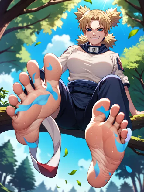 Fraction_9, Fraction_8_Direction_7_up, Temari showing her stinky feet in the forest low angle，Detailed background，There are many...