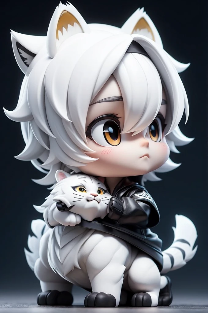 Little boy with white tiger head，Black jacket，Very handsome
