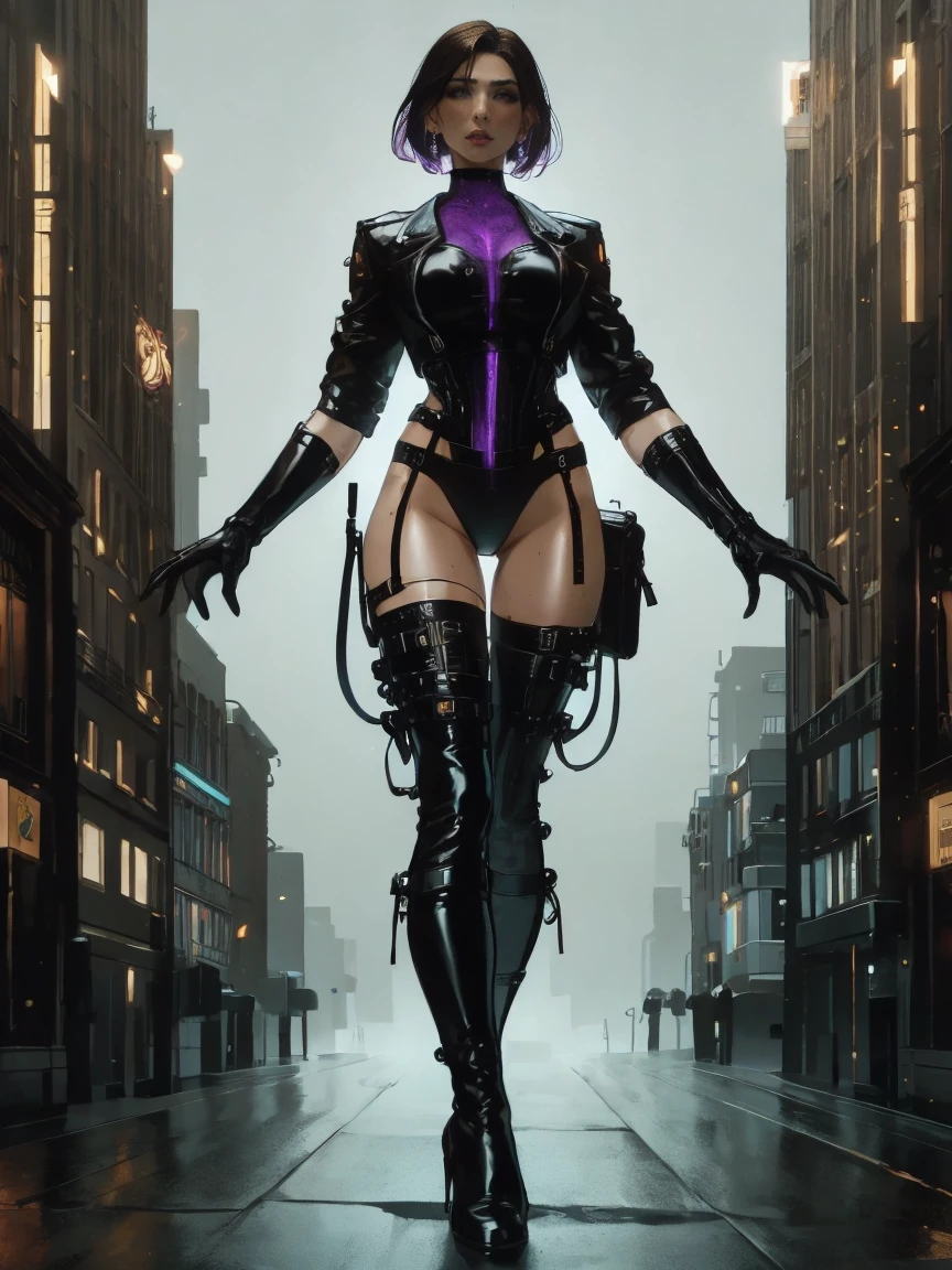 Gorgeous and sultry busty athletic (thin) brunette cyborg assassin with sharp facial features wearing a black and purple leotard, artificial muscle fibers, gloves, thigh-high boots. Standing, city street.