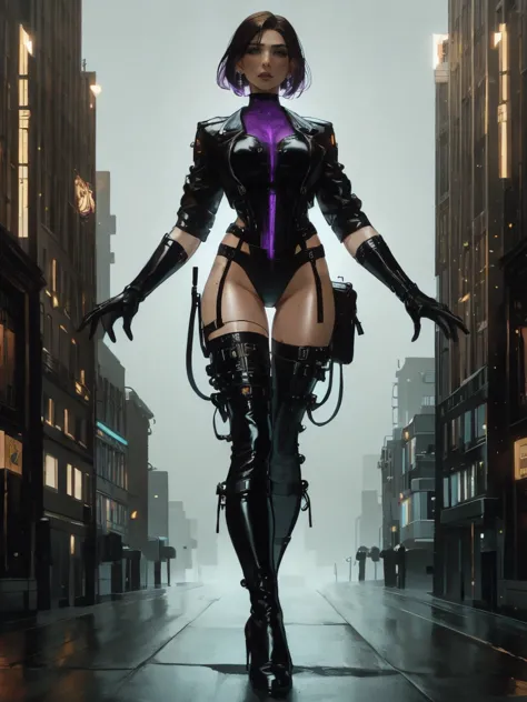 Gorgeous and sultry busty athletic (thin) brunette cyborg assassin with sharp facial features wearing a black and purple leotard...