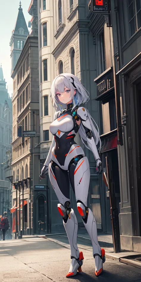 there is a woman in a robot suit posing next to an ancient building, beautiful white girl half cyborg, cute cyborg girl, beautif...