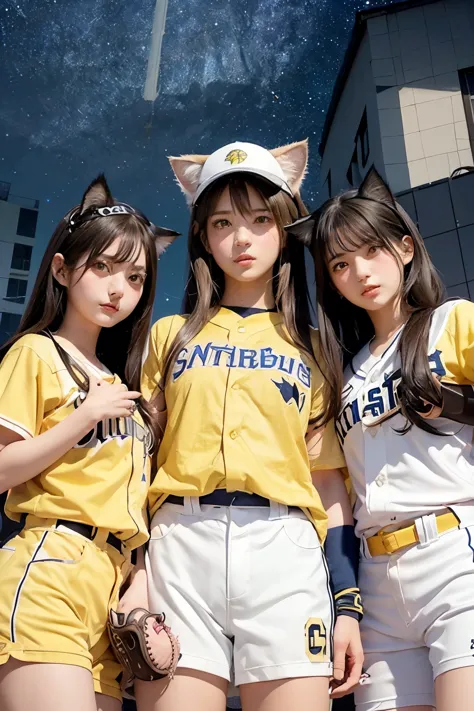 three girls, long hair, high resolution, blushing, open your mouth, (cat ears:1.3), pink eyes, (baseball uniform:1.3), (yellow h...