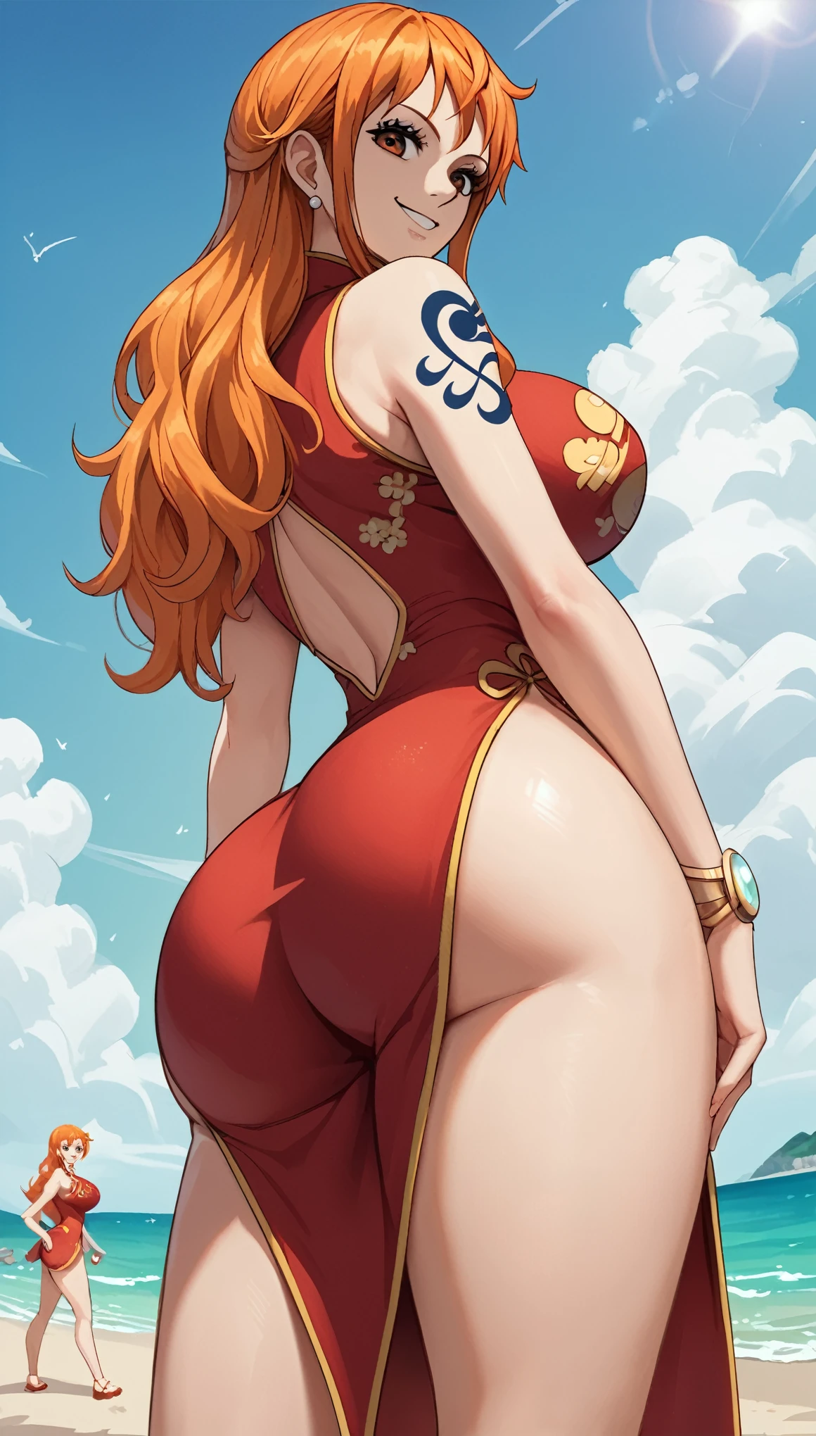 score_9, score_8_up, score_7_up, source_anime, best quality, clear face, Nami, orange hair, orange eyes, long hair, large breasts, perfect body, looking at viewer, smile, china dress, red clothes, in the beach, standing, dynamic angle, from behind, big ass, low angle