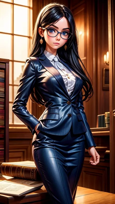 a young female lawyer, formal suit, glasses, courtroom scene, (best quality,4k,8k,highres,masterpiece:1.2),ultra-detailed,(reali...