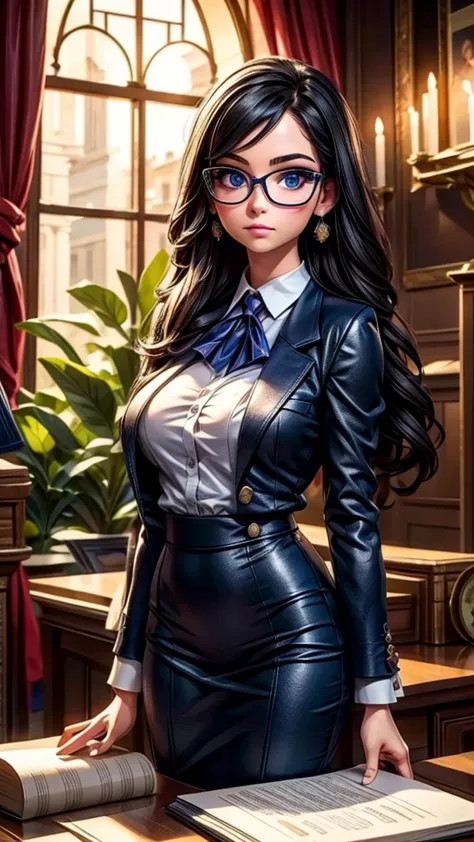 a young female lawyer, formal suit, glasses, courtroom scene, (best quality,4k,8k,highres,masterpiece:1.2),ultra-detailed,(reali...